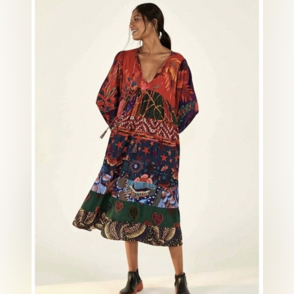 $225 Farm Rio Women's Red Mixed Prints Long Sleeve V-Neck Tunic Dress Size Small - Picture 2 of 4